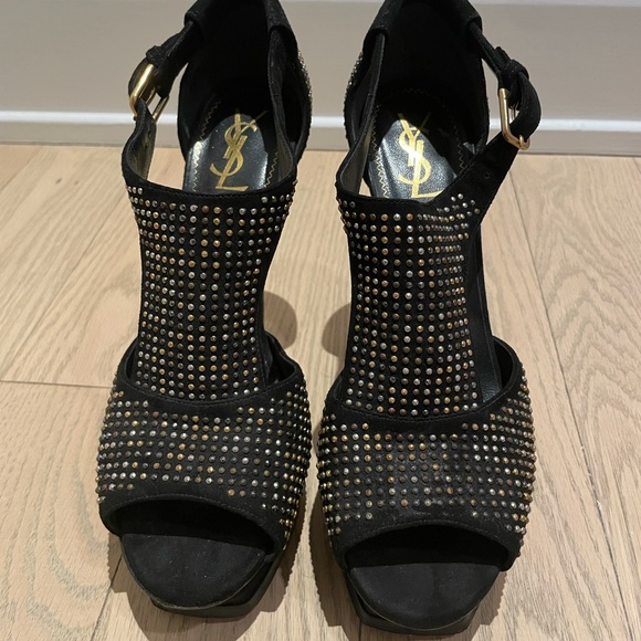 YSL Studded Tribute Sandals Black Suede 38.5 - Picture 2 of 7